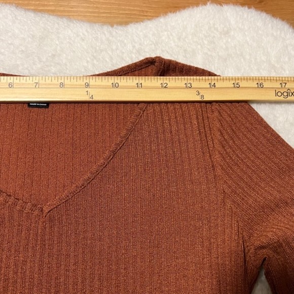 Shein Womens Brown V-Neck Knitted Ruched Bodycon Long Sleeve Dress Size Large - Picture 10 of 11